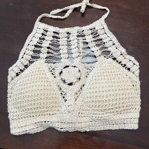 Sans Souci Halter Crochet Top Cream Lined Boho Size M